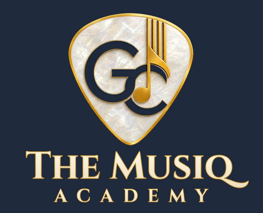 The Musiq Academy logo: a pearl guitar pick with a monogram and a golden music note