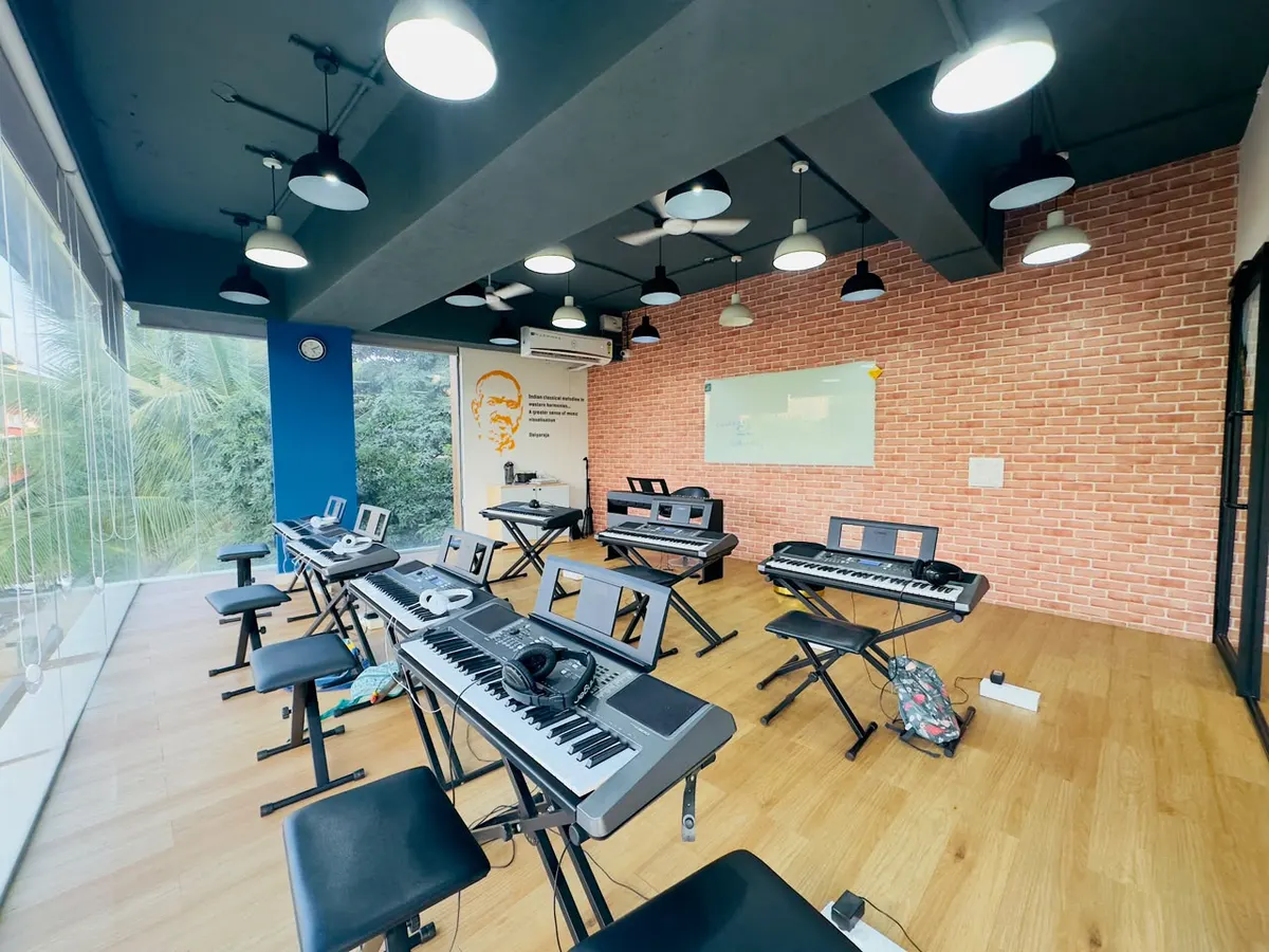 The keyboard room, with a keyboard and stool at each station